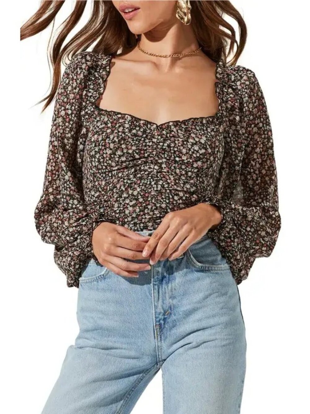ASTR The Label Floral Ruched Sweetheart Neck Top Small